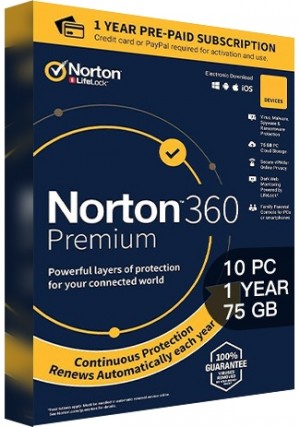 Norton 360 Premium - 10 PCs/1 Year/75GB Cloud Storage