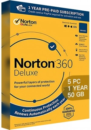Norton 360 Deluxe - 5 PCs/1 Year/50GB Cloud Storage (EU)